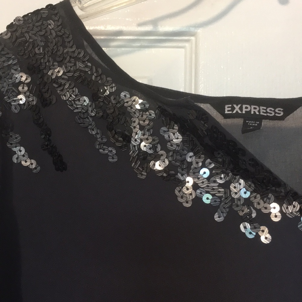 Express sheer sequin gray and silver blouse